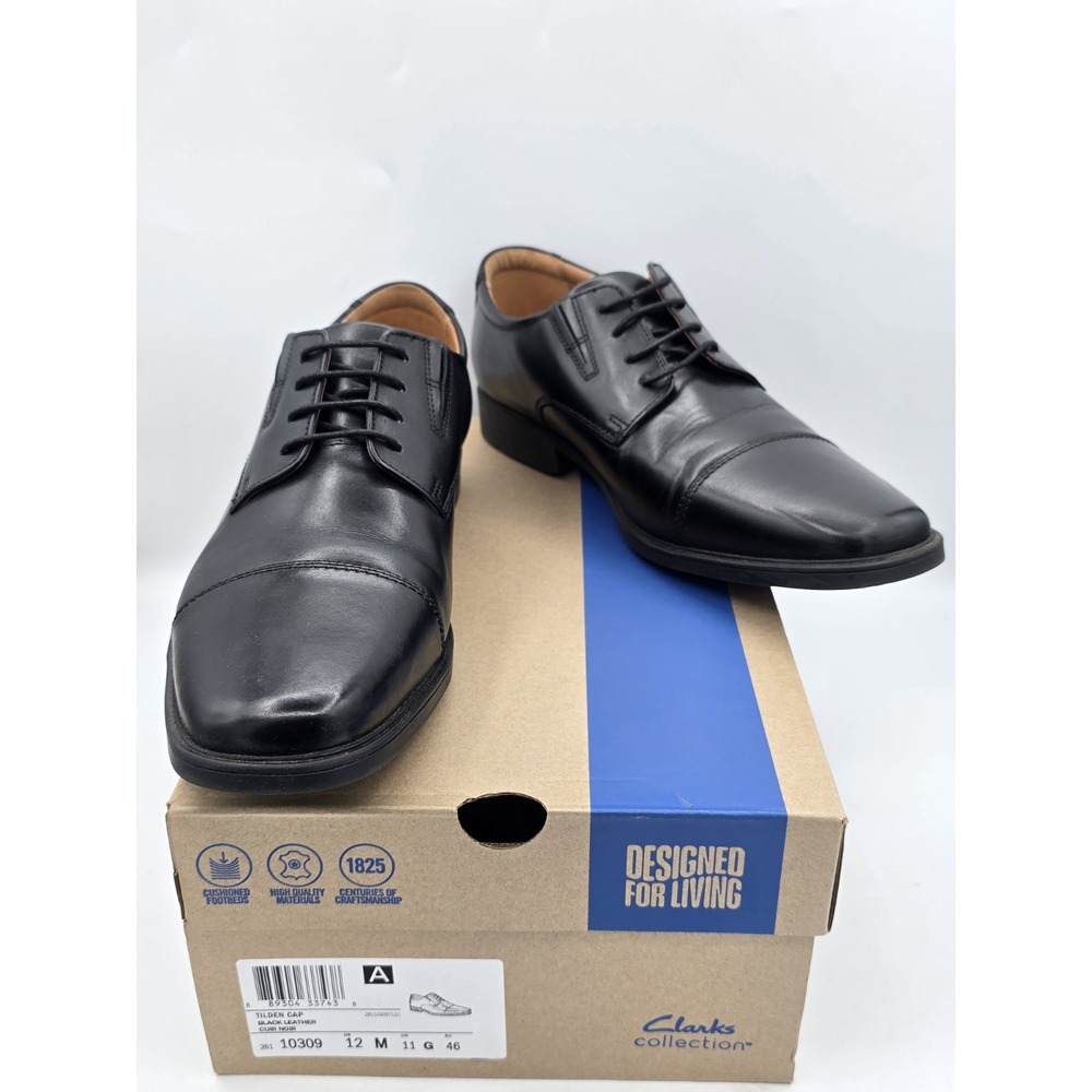 Men's Oxfords Clarks Tilden Cap Black Leather - Used EXCELLENT - Sz 12‎ M